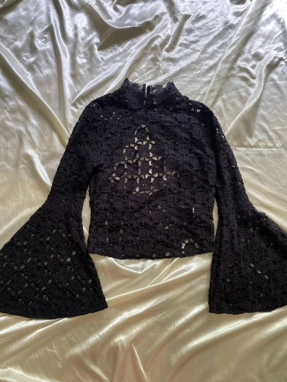 Free People Kiss & Bell Black Lace Crochet Bell Sleeve Open Back Top Small Boho